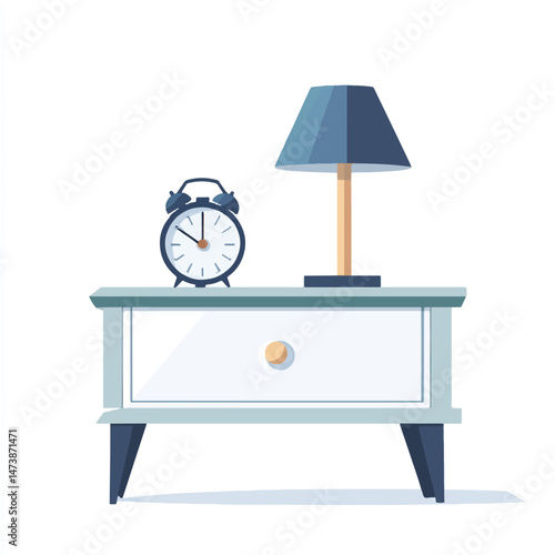 bedside table with a lamp and small alarm clock 