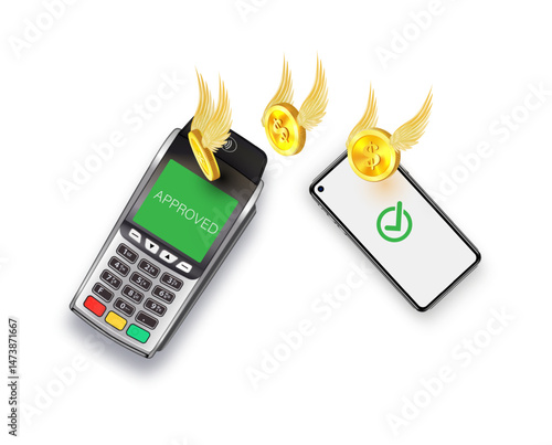 Cashback Flying golden coin with golden wings isolated on a white flying telephone. 3D Vector