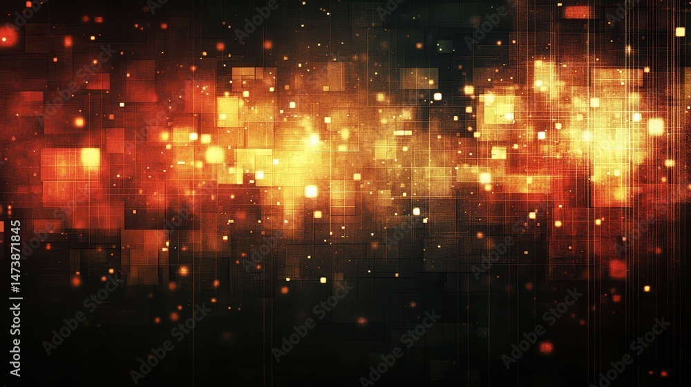 Obraz premium Abstract digital graphic with glowing orange squares on dark background