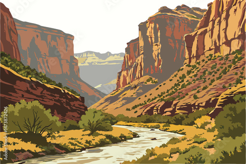 96 stunning, detailed 3D render of a majestic desert canyon landscape, dramatic cliffs and rock formations, winding river flowing through the valley, lush vegetation at the canyon floor, vibrant color