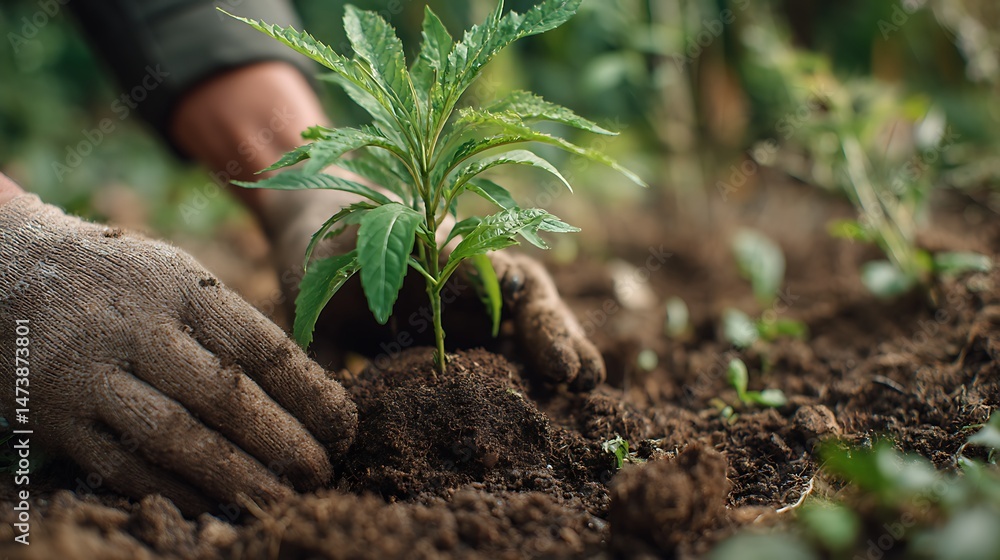 Planting a young plant in the garden soil Planting a young plant in the garden soil