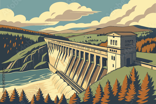97 high-quality 3d render, architectural illustration, detailed diorama, large hydroelectric power plant with dam, stone building, landscape with forest and hills, blue sky, clouds, realistic textures