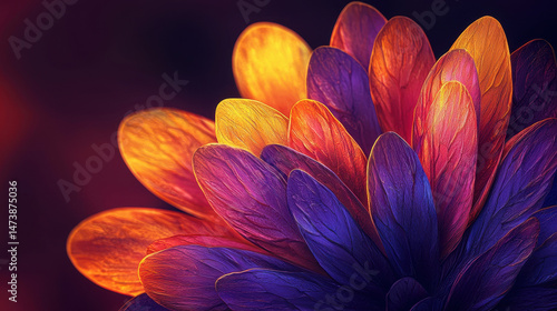Fototapeta Naklejka Na Ścianę i Meble -  A vivid 3D floral abstraction displays realistic textures and a warm color palette, presented in 4K resolution from a side angle against a blurred background effect.