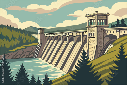 97 high-quality 3d render, architectural illustration, detailed diorama, large hydroelectric power plant with dam, stone building, landscape with forest and hills, blue sky, clouds, realistic textures