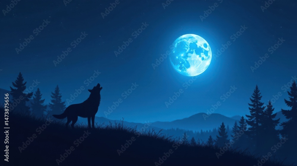 Fototapeta premium Lone Wolf Howling at a Bright Celestial Body Under a Starry Night Sky in a Silhouetted Landscape