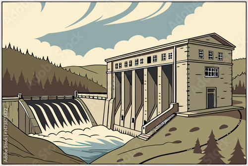 97 high-quality 3d render, architectural illustration, detailed diorama, large hydroelectric power plant with dam, stone building, landscape with forest and hills, blue sky, clouds, realistic textures