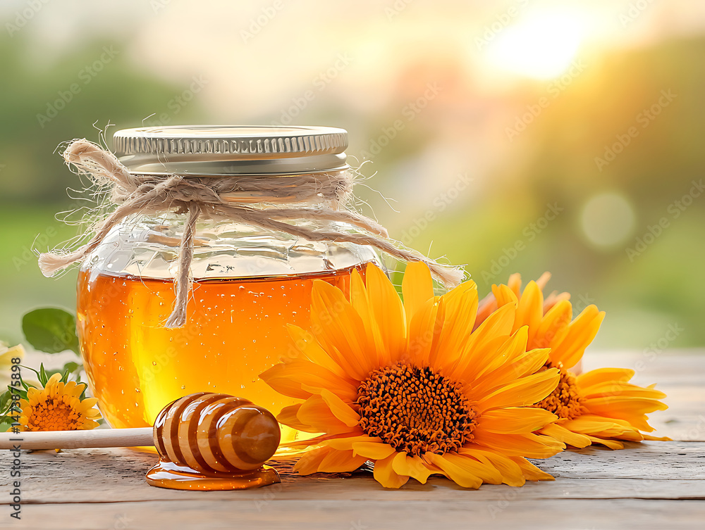 Honey jar with sunflowers, and sunset. Honey jar with sunflowers, and sunset.