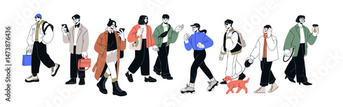 People walking on urban street. Fashion men, women with bag, phone, coffee, dog, going for diverse businesses. Modern city characters lifestyle. Flat vector illustration isolated on white background