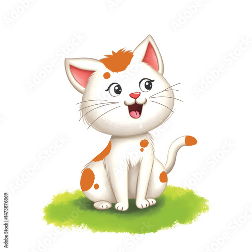 Illustration of a Cute White Cat Sitting Happily on Grass