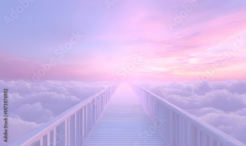 Dreamy Sky Pathway Leading to Heaven over Soft Clouds at Sunrise or Sunset. generative aI