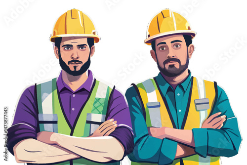 Confident male construction worker in safety vest and hard hat standing with arms crossed, symbolizing safety, strength, and professionalism in industrial or hazardous environments. Isolated on white