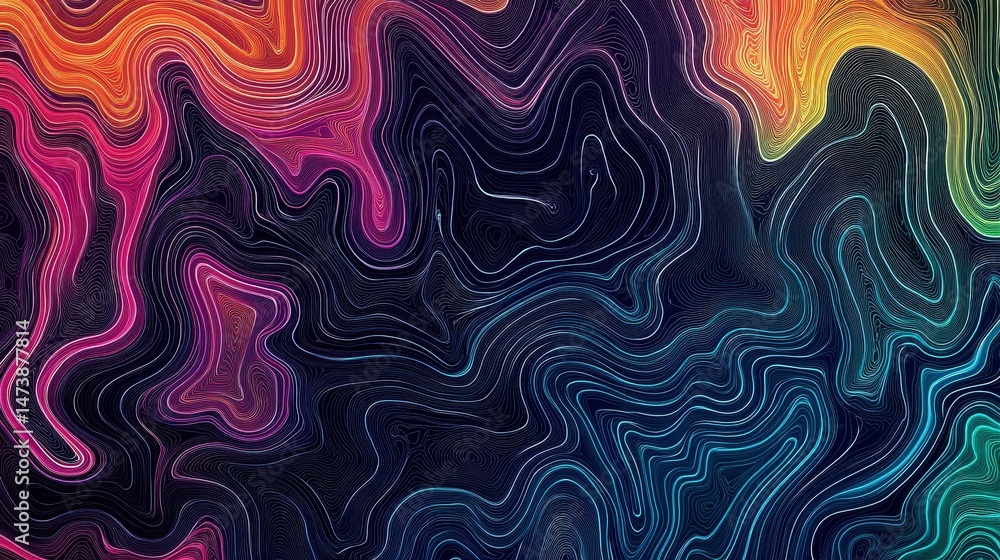 Obraz premium Abstract Neon Line Art Swirling Rainbow Topographic Composition, Abstract Background, Illustration, Colorful Lines, Gradient Abstract art, topographic map