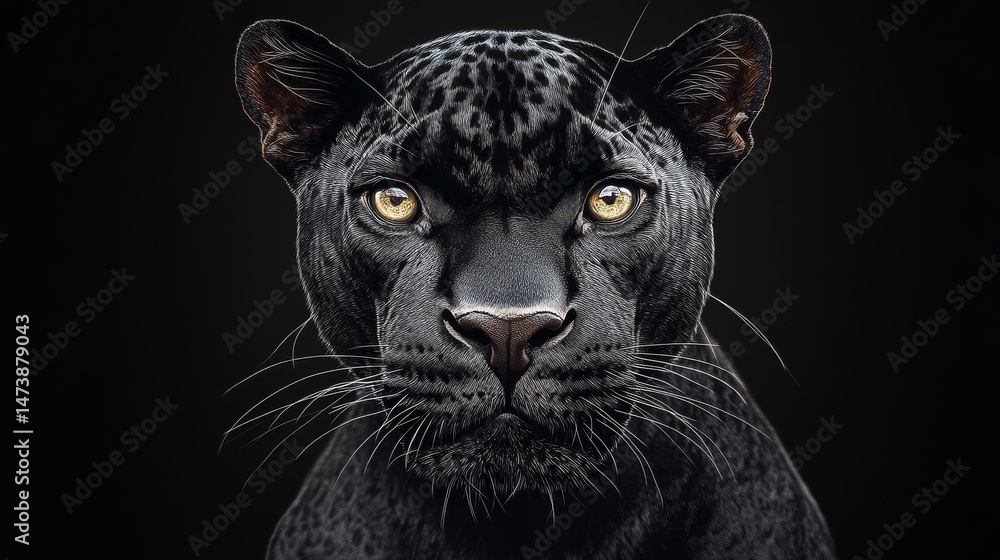 Obraz premium Black Panther Portrait Close-Up Digital Painting, Intense Gaze, Dark Background, Big Cat, Wildlife Art Black Panther, Digital Art