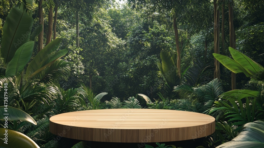 Fototapeta premium Circular Wooden Platform in Lush Tropical Jungle, 3D Render, Mockup, Product Display Jungle, Mockup
