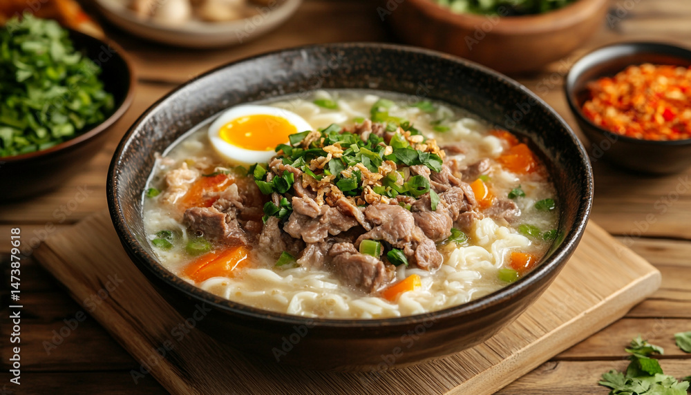 Bowl of delicious rice noodle soup with meat Bowl of delicious rice noodle soup with meat