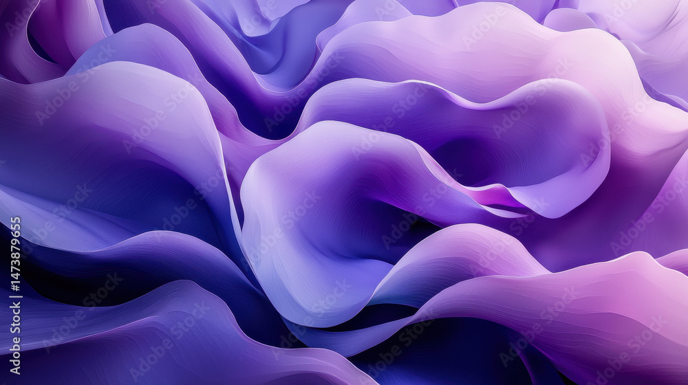 Obraz premium Dynamic 3D textured background with realistic flow and side angle showcases elegant waves and curves in stunning 4K resolution purple and violet gradients.