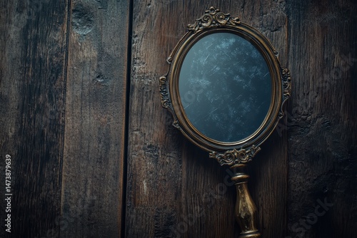 Wallpaper Mural Antique ornate mirror on rustic wooden surface Torontodigital.ca