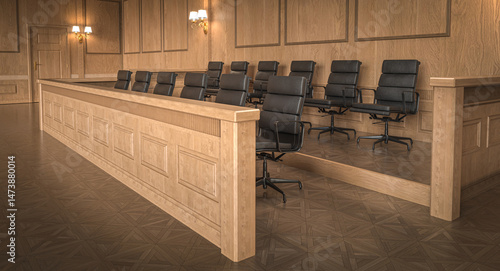 Tableau sur toile Empty jury box in elegant courtroom awaiting jurors 3d