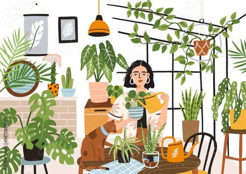 Plant lady at home garden. Young woman watering houseplants in pots. Female in cozy green house apartment interior with greenery in planters, flowerpots. Urban jungle concept. Flat vector illustration