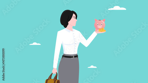 saving money, investment or wealth management, Mutual fund or growing investment, wealth profit growth, businesswoman show his piggy bank and golden coin concept vector illustration