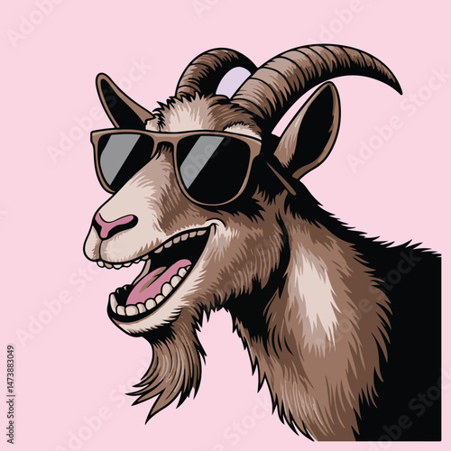 Cool Cartoon Goat Head with Sunglasses: Smiling Animal Character Showing Confidence and Style - Perfect for Hip Designs, Humorous Content, and Trendy Animal Mascots (Highlights the "cool" factor, expr