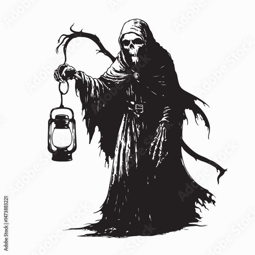 Black and white Grim Reaper Holding Lantern Image vector isolated on white background.