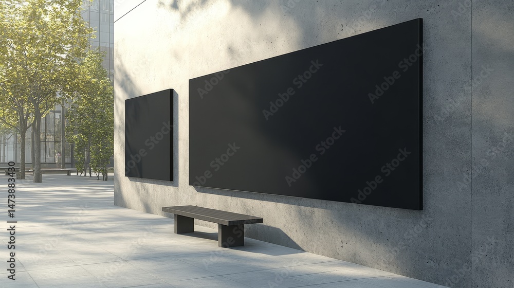 Fototapeta premium Modern Outdoor Billboard Mockup Two Black Blank Panels on Concrete Wall, Bench, Urban Setting, Advertising, Signage Billboard Mockup, Outdoor Advertising
