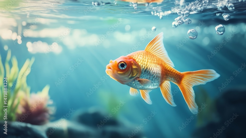 Naklejka premium Sunlit Goldfish in Aquarium Underwater Composition, Vivid Colors, Peaceful Concept, Goldfish, Aquarium Fish Goldfish, Aquatic Life