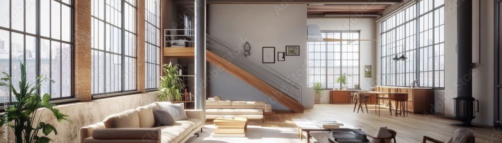 Fototapeta premium Sunlit Loft Apartment Industrial Design, Beige Sofa, Wooden Staircase, Large Windows, 3D Render, Interior Design Loft apartment, Interior Design