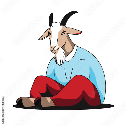 Melancholy Cartoon Goat in Sweater and Pants: Thoughtful Animal Character Sitting Sadly, Contemplating Life's Worries - Emotional Humanized Farm Animal Illustration (Highlights the mood, humanization,
