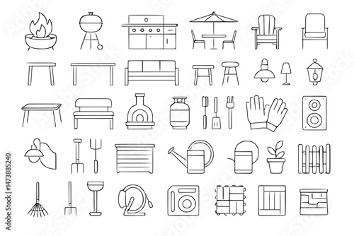 Backyard firepit outdoor features line icon set. Vector pictograms of kitchen, patio, fireplace, chiminea, pizza oven, firewood, propane tank, thin linear illustration.