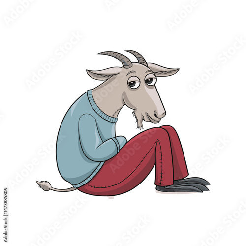 Melancholy Cartoon Goat in Sweater and Pants: Thoughtful Animal Character Sitting Sadly, Contemplating Life's Worries - Emotional Humanized Farm Animal Illustration (Highlights the mood, humanization,