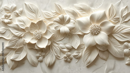 Realistic 4K 3D background showcases contemporary flower motifs in white, offe a modern and detailed artistic design with intricate floral patterns beautifully.