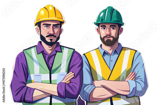 Confident male construction worker in safety vest and hard hat standing with arms crossed, symbolizing safety, strength, and professionalism in industrial or hazardous environments. Isolated on white