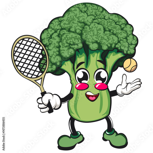 Cute broccoli vegatable vektor illustration mascot character playing tennis, work of hand drawn