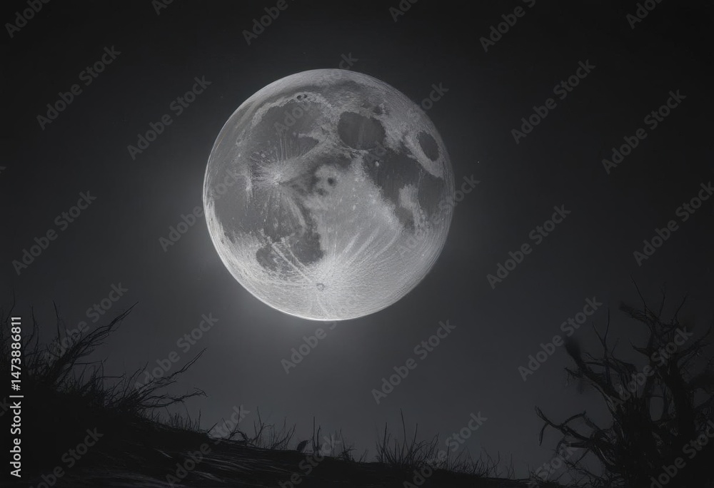 Naklejka premium Low-hanging full moon, inky black sky, eerie glow , tree, astronomy