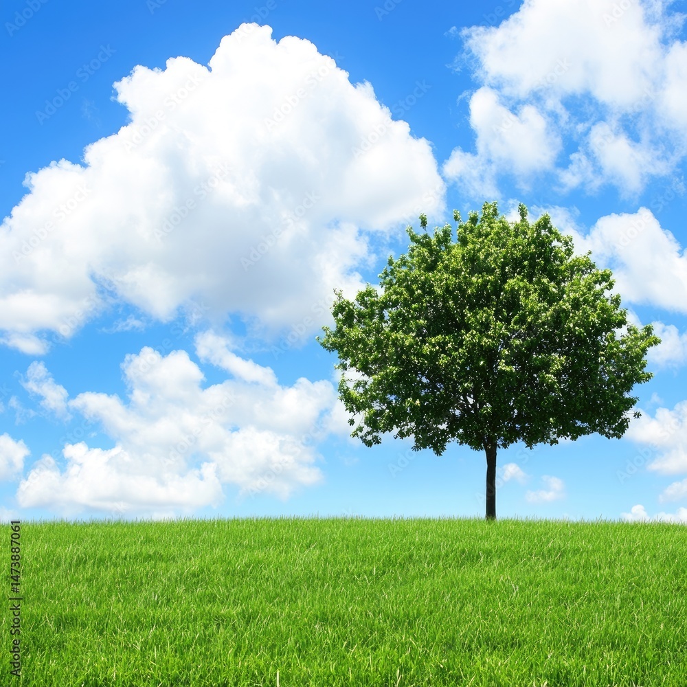 Obraz premium Lush green field with a solitary tree under a vast blue sky filled with fluffy white clouds