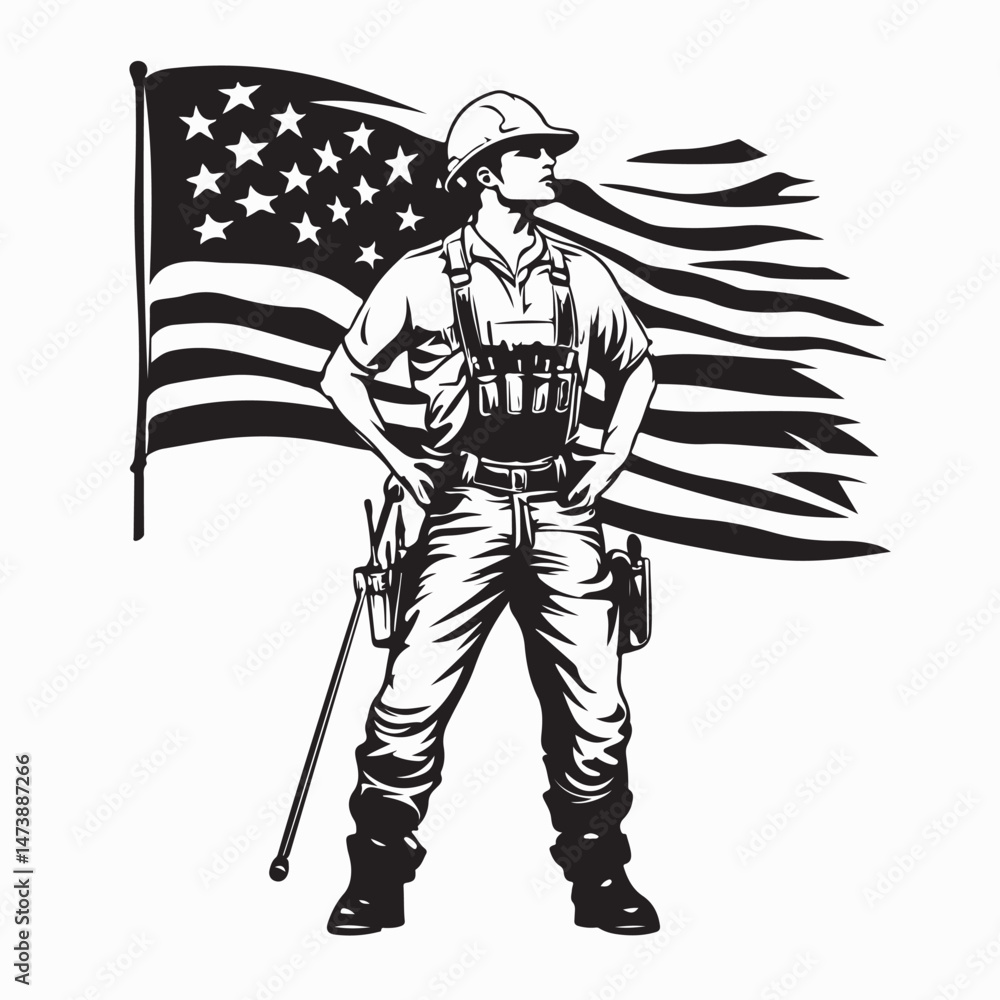 Fototapeta premium Construction Worker American Flag Image vector isolated on white background.