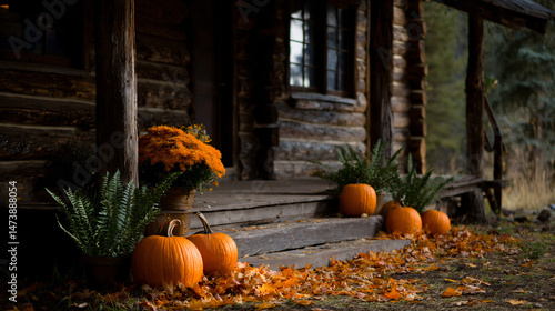 A charming unsophisticated log cabin porch decorated with pumpkins and autumn pagination creating a festive fall prospect