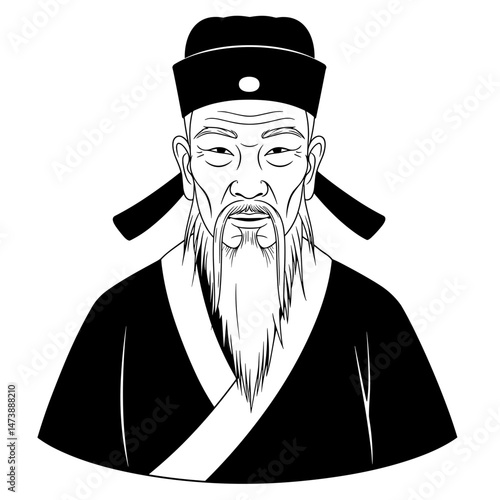 Traditional asian sage vector illustration in black and white, for brands of Chinese medicine, teas, oriental spas and Qigong courses.