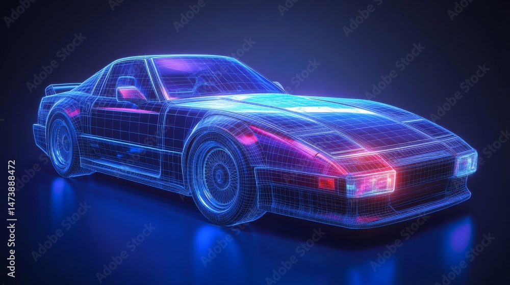 A front view of a sports car with a blue wireframe and transparent engine is displayed in transparent blue wire frame blueprints isolated on a black background, resembling a sedan car A front view of a sports car with a blue wireframe and transparent engine is displayed in transparent blue wire frame blueprints isolated on a black background, resembling a sedan car