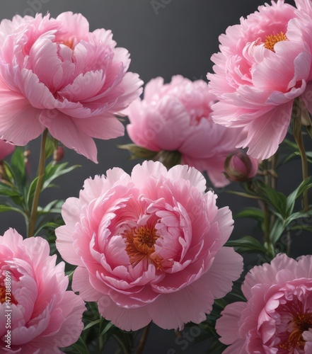 Luxurious pink peony blossoms, ethereal, gentle light, pretty, delicate, vibrant