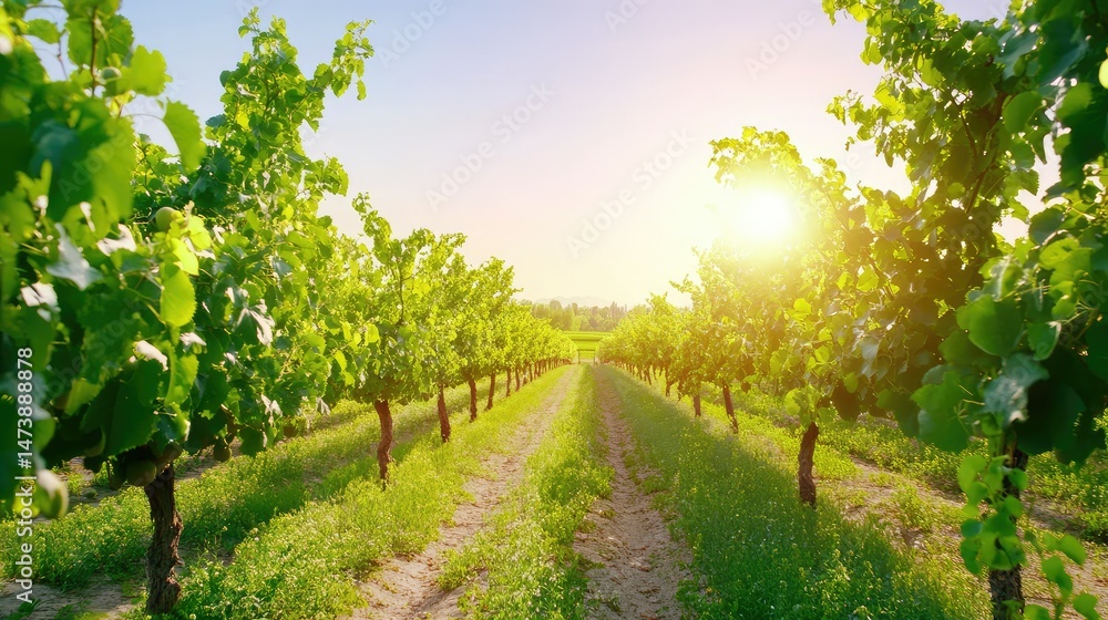 Fototapeta premium Lush apple trees standing in rows under clear sky, sunlit and ready for harvest concept
