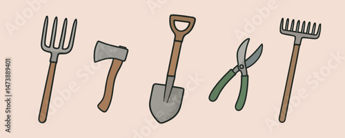 set of hand drawn garden tools vector illustration. shovel, pitchfork, rake, garden scissors, axe