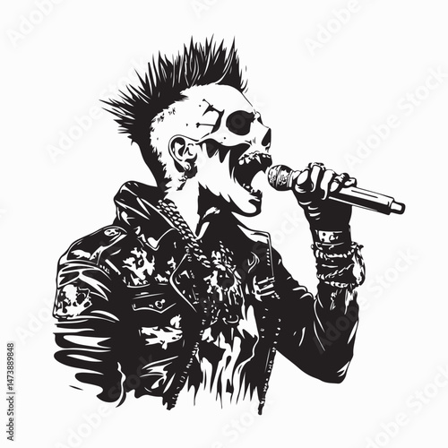 Skull punk singing and holding microphone Vector Image isolated on white background.