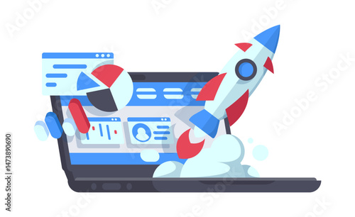 Successful start up, starting new business project. Starting launch, entrepreneurial concept. Rocketship on computer for startup media. Vector cartoon illustration