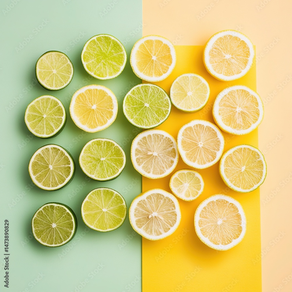 Fototapeta premium Minimalist citrus fruit composition with fresh lemon and lime slices arranged in geometric shapes on a soft pastel background.