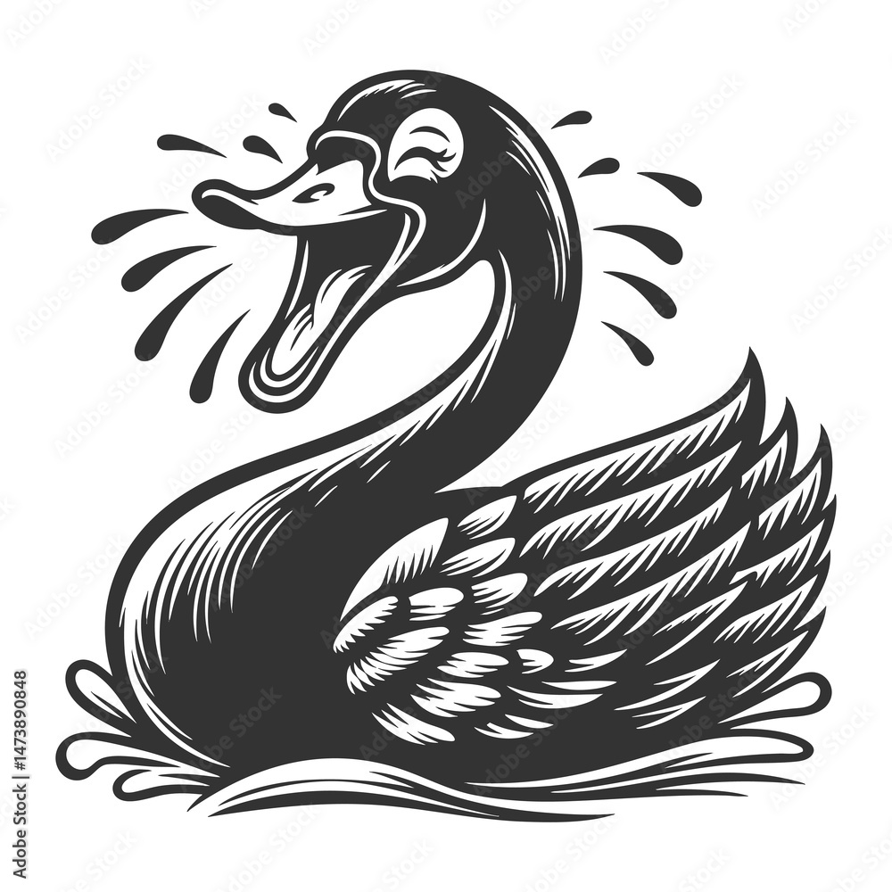 Obraz premium cartoonish black swan laughing loudly, offering a satirical twist on the black swan metaphor sketch engraving generative ai raster illustration. Scratch board imitation. Black and white image.