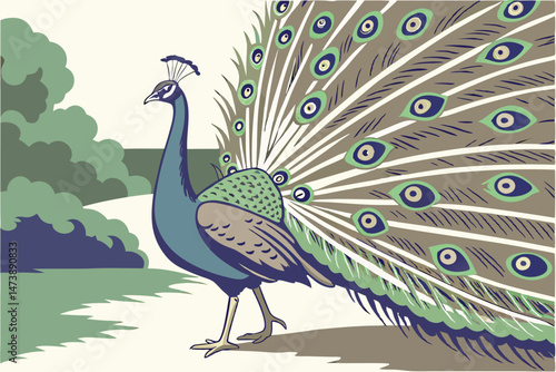 104 a detailed painting of a majestic peacock with vibrant plumage, showing its magnificent tail feathers in full display, hyper-realistic, 8k, highly detailed, extremely sharp focus, award-winning, d
