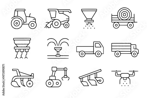 Vehicle agricultural forestry transport line icon set. Vector pictograms of skidder, trailer, irrigation, hose, seed, drill, grain, silage, fertilizer, livestock, thin linear illustration. 